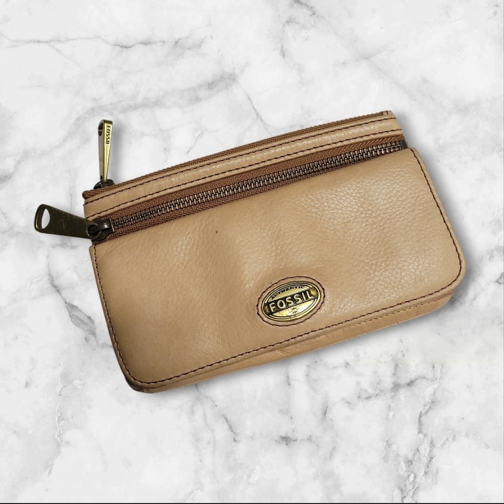Fossil Explorer Wallet Leather Tan Zip Vintage Y2K